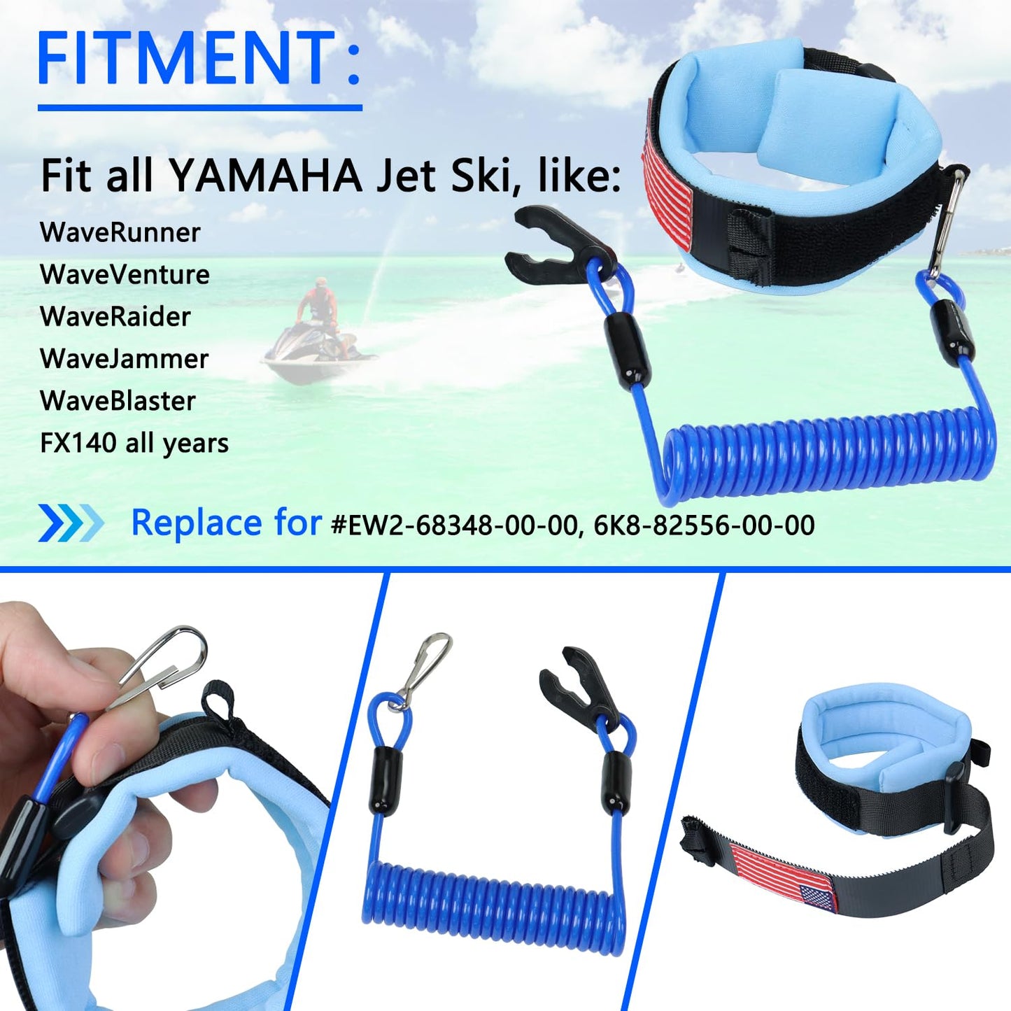 Boat Kill Switch Lanyard Wrist Strap Fit for Yamaha Jet Ski,Outboard Motor Engine Shut Off Tether Emergency Safety Stop Key Cord Lanyard OE:EW2-68348-00-00